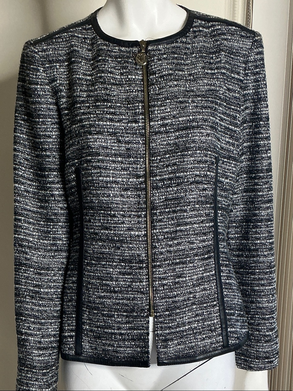Classic Navy & White Tweed Zip-Front Women's Jacket Anne Klein